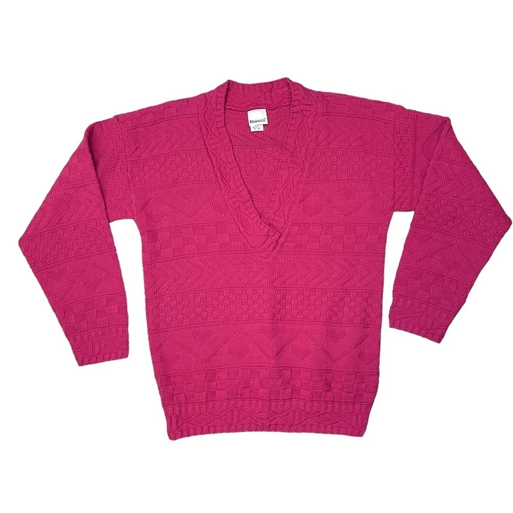 Vintage Tread Basics Women’s Pink V Neck Pattern Knitted Sweater